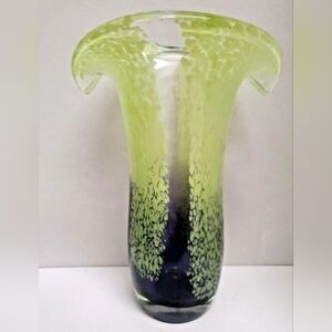 Teleflora Speckled Art Glass Vase Blue Green Flared Lip Hand Blown 8.25" Tall